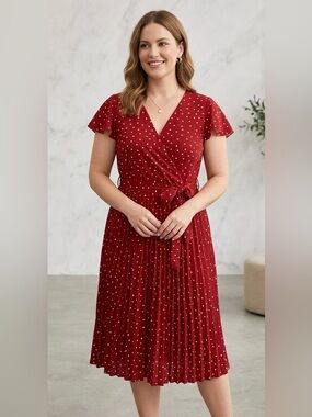 Lark + Grey Red Polka Dot Faux Wrap Dress Large L – Pleated Midi Flutter Sleeve
